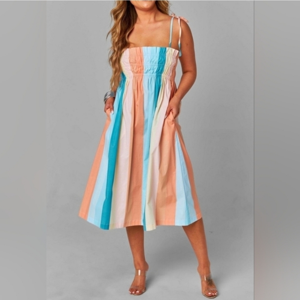 BuddyLove Lexi Tie-Shoulder Midi Dress Pastel Stripe Sundress Pleated Bust Sz M